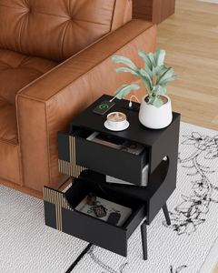 Vertical Slat LED Nightstand with Built-In Charging Station 2 Drawer Open Oval Nook Pine Leg Side <b>End</b> <b>Table</b> for Small Bedroom - Product Image 4
