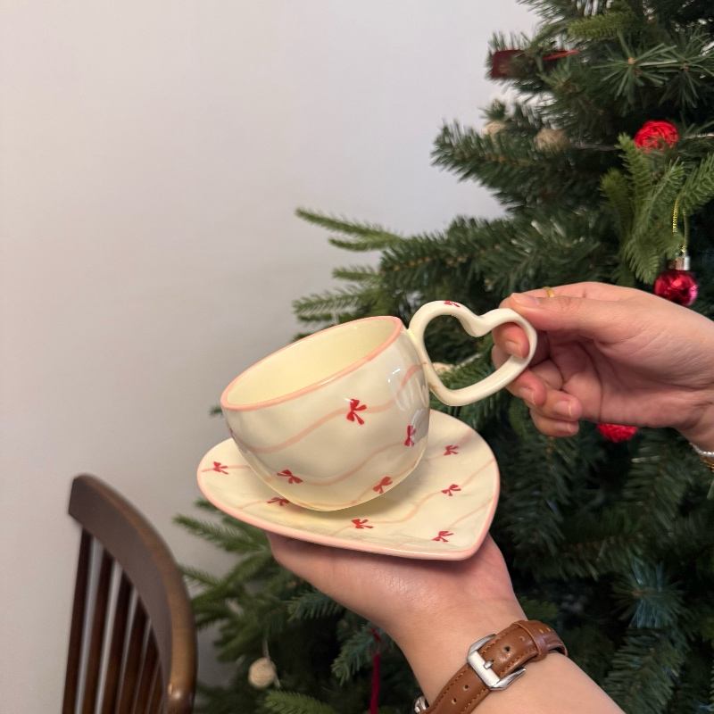 Pink line bow cup 280ml heart dish