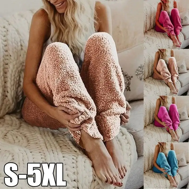 Winter Women's Soft Plush Flannel Pajama Sleep Bottoms Night Wear Solid Color Loose Long Pants Thicker Trouser Sleepwear
