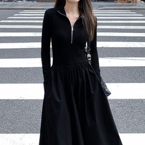 Black Knit Midi <b>Dress</b> Women <b>Elastic</b> Waist Polo Neck Zipper Solid Color Polyester Autumn Winter 2025 High End Slim Fit - Product Image 2