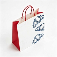 Bolsas de Papel Blancas al por Mayor con Asas Trenzadas Rojas y Diseños de Croissants Azules para Empaque General de Panadería y Cafetería