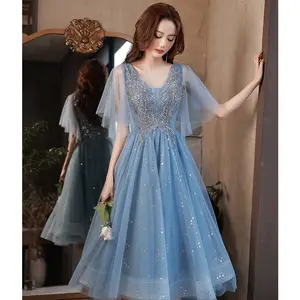 Dusty Blue Beaded Applique Sweet Batwing Sleeve Bridesmaid Birthday Party Evening Dress