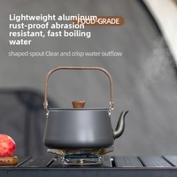 Théière de camping en alliage d'aluminium avec poignée en bois, 1,1 L, pour pique-nique, portable, pour faire bouillir de l'eau, pour le café