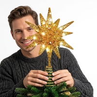 Lewondr Vintage Eisen Weihnachtsbaum-Spitzenstern 11 Zoll Steckerbetrieben Fernbedienung Beleuchtet 3D Geometrisch Timer-Funktion 5m Kabel