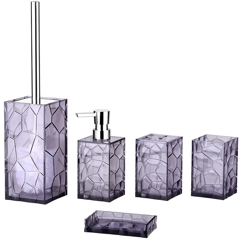 China Fabrik New Acryl klar lila Polygon moderne 5 Stück Badezimmer Dusche liefert Badezimmer zubehör Set