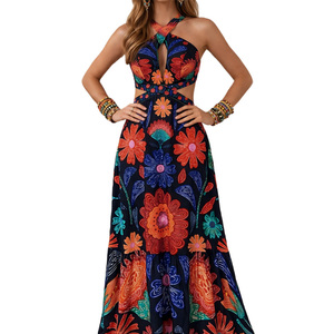 Vestido Largo Bohemio con Estampado Floral, Hombros Descubiertos, Abertura en la Cintura, Espalda Descubierta, Volantes en el Bajo, Transpirable, Ideal para Fiestas y Vacaciones de Verano - Product Image 3