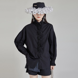 Chemises <span class=keywords><strong>Blouse</strong></span> Femmes Haut De Gamme Industrie Lourde En Trois Dimensions Rose Brodé Col Montant Noir Chemise Bouton Coton Automne - Product Image 4