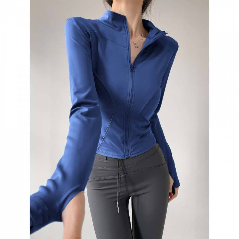 Stand up Collar Four Fold Zipper Long Sleeved High Stretch Yoga Top with Thumb Hole