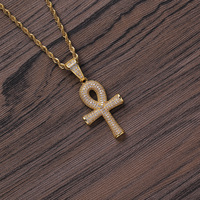 CN340 Collier chaîne corde Hip Hop avec pendentif petit croix en laiton plaqué or et micro-pavé de zircone cubique, Bijoux unisexe, Cadeau de fête