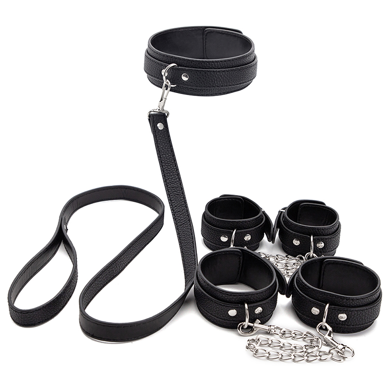 Luxury Leather Bondage Collar Set with Metal Chain Leash & Cuffs - Eco-Friendly Chastity Couple Sex Toys for Your Business Luxury Leather Bondage Collar Set with Metal Chain Leash & Cuffs - Eco-Friendly Chastity Couple Sex Toys for Your Business