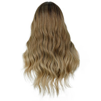 Perruque synthétique longue ondulée avec dentelle frontale pour femme, résistante à la chaleur, marron blond, avec raie en T, en fibre haute température, ajustable, petite taille