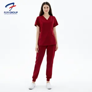 FUXIN FUYI Scrubs --- TRST21SCT002+TRST21SCP007 Woven Medical Uniforms Customized Logo Printing Women Uniform Scrubs Sets