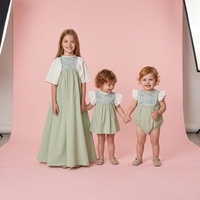 Tenues Assorties Sœur et Fille : Robe Longue Fille Vert Sauge à Motifs Floraux, Robe Courte à Manches Volantes, Barboteuse Bébé, Vêtements d'Été pour Enfants