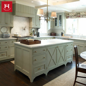 HAPPY HOUSES Ensemble d'armoires <span class=keywords><strong>de</strong></span> <span class=keywords><strong>cuisine</strong></span> en bois massif <span class=keywords><strong>de</strong></span> style ferme classique américain Design avec îlot - Product Image 1