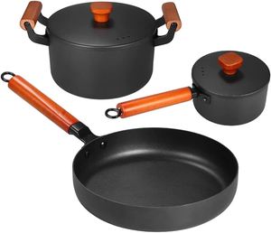 Vente directe d'usine - Wok et casserole en <span class=keywords><strong>fonte</strong></span> - Ensemble de 3 ustensiles de cuisine en <span class=keywords><strong>fonte</strong></span> antiadhésifs avec poignée en bois - Product Image 3