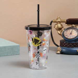 450ml Trick Or Treat Skull Cross Tomb Bat Print Double Wall Clear Plastic Tumbler with Black Flat Lid & Matching Black Straw - Product Image 5