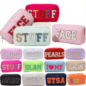 Keymay Stock Fast Ship DIY Nylon Bag with Chenille Letter Patches MakeUp Bag Christmas Valentine Gift Cosmetic Bags for Travel