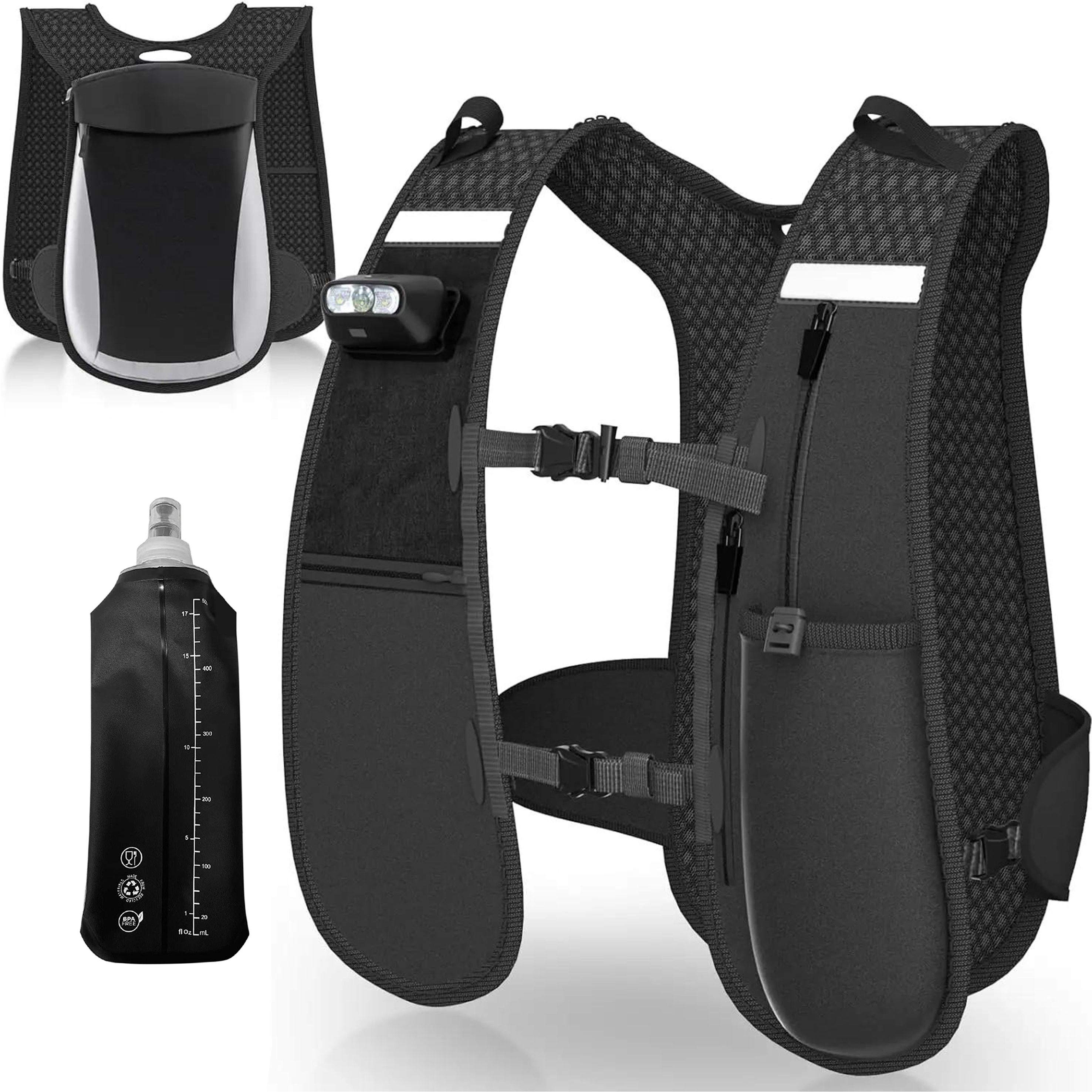 Black Breathable Reflective Workout Custom Adjustable Training and Running Mesh Vest Chest Phone Holder with Pockets Bottle Hold