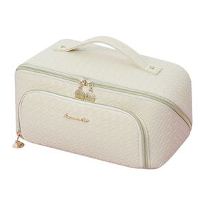 Sac de toilette en PU imperméable personnalisé, portable, ouvert à plat avec poignée, grande capacité, organiseur de maquillage, sac de voyage pour maquillage - Product Image 5