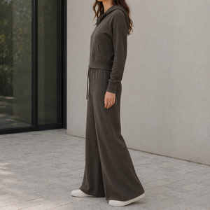 Completo da <span class=keywords><strong>Donna</strong></span> in 100% <span class=keywords><strong>Lana</strong></span> a Maglia Waffle, Top con Zip e Cappuccio Vestibilità Ampia, <span class=keywords><strong>Pantaloni</strong></span> a Vita Alta e Gamba Larga, Due Pezzi Casual Caldi per Autunno Inverno - Product Image 2