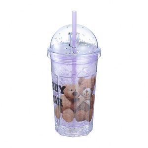 New Double Plastic Straw Good-Looking Summer Octagonal Ice Creative Student Portable Cartoon Drinking Cup With Lights - Product Image 5