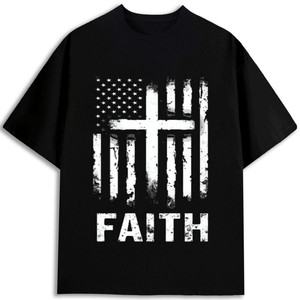 Camiseta Faith con Bandera Americana y Cruz para Hombre, 100% Algodón, Cuello Redondo, Manga Corta, Impresión Serigráfica, Diseño Religioso para Regalo - Product Image 1