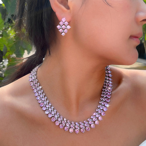 Super lujoso redondo <span class=keywords><strong>Cubic</strong></span> <span class=keywords><strong>Zirconia</strong></span> collar y pendientes compromiso boda romántico Rosa grueso gran conjunto de joyas para mujeres - Product Image 6