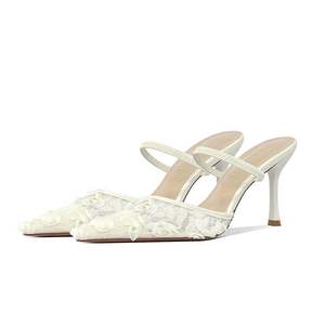 Mules à talon aiguille roses en dentelle florale pour femme, à bout pointu, idéales pour les soirées - Product Image 2