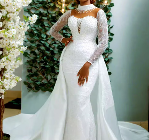 S0661Y 2026 Nuovo Abito <span class=keywords><strong>da</strong></span> <span class=keywords><strong>Sposa</strong></span> Africano a Collo Alto a Maniche Lunghe con Perle e Ricami Elaborati, Strascico Rimovibile a Due Vie, <span class=keywords><strong>Taglie</strong></span> <span class=keywords><strong>Forti</strong></span> - Product Image 1