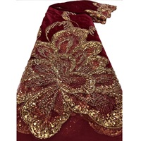 Tissu en dentelle tissée velours rouge bordeaux K/C, broderie lourde de sequins dorés et strass, pour robe de mariée Aso Ebi pour filles, Abaya musulmane