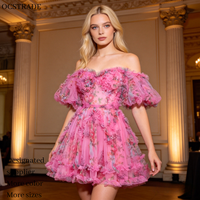 Robe de Cocktail Courte Rose Romantique Ocstrade 2026 à Épaules Dénudées, Imprimé Floral, Manches Bouffantes et Volants en Tulle – Vente en Gros