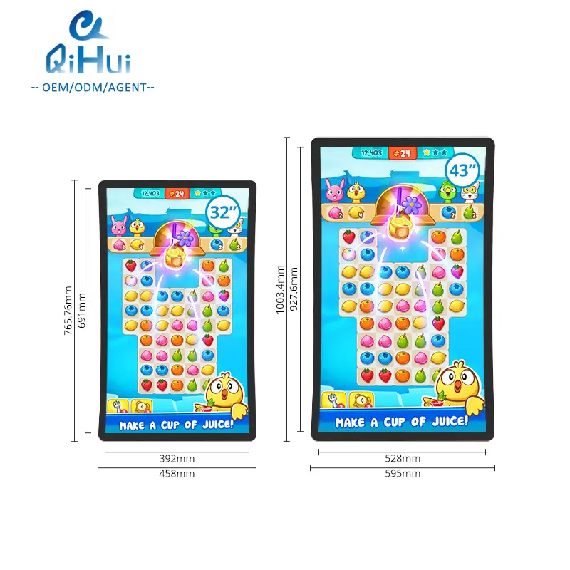 Qihui Capacitieve 32 / 43 Gebogen Monitor Inch Touchscreen 3M Serieel Met Led Licht Frame Voor Gaming /Amusement Machine