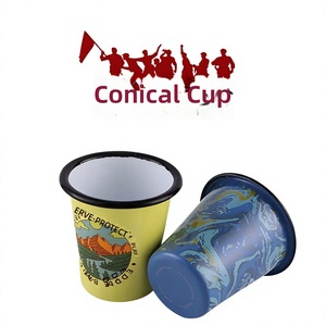 Mug conique en émail de 350 ml, personnalisé en usine, bleu et jaune, imprimé, non cassable, pour boire - Product Image 2