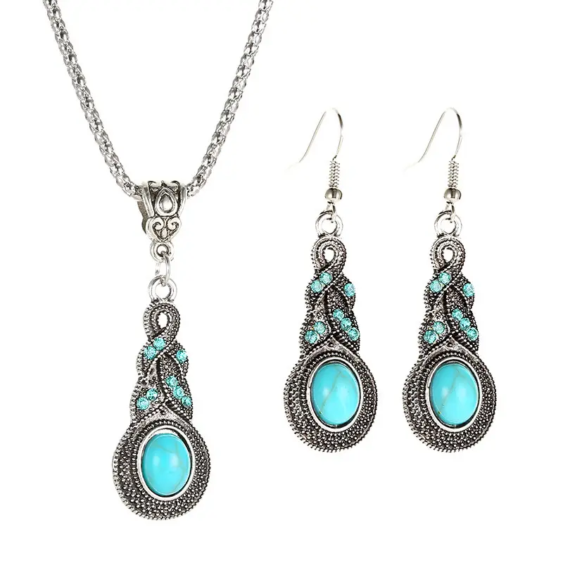 New Retro Pattern Blue Rhinestone Inlaid Turquoise Earrings Necklace Set Bohemian Personality Charm Pendants Earrings