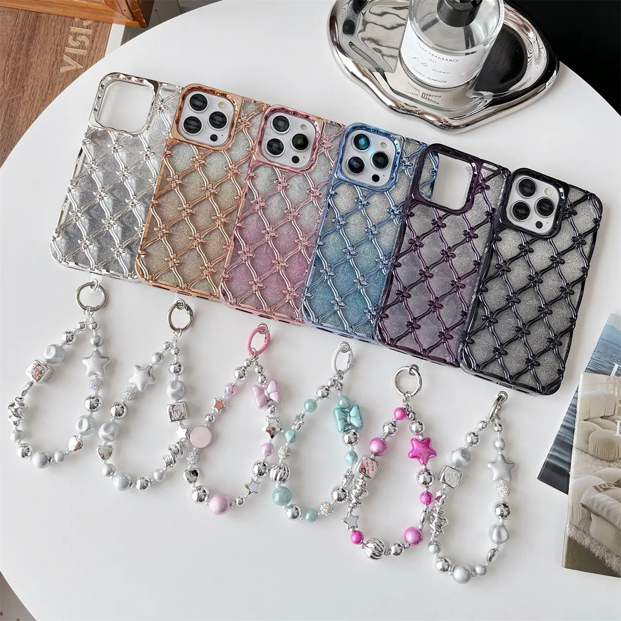 Kızlar kadınlar tasarım kaplama Bling Glitter TPU yumuşak kılıf için kayış ile IPhone 15 14 15 pro 13 15 pro max