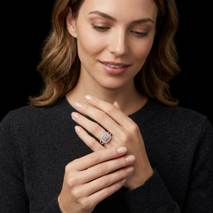 Bague de fiançailles avec halo de diamants de laboratoire taille brillant rond en or rose 18 carats plaqué sur bande pavée pour femme - Cadeau d'anniversaire de mariage - Product Image 1