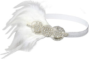 Diadema con plumas estilo Flapper para mujer, banda para el cabello vintage con diamantes de imitación, accesorio para disfraz de los años 20, para Halloween, despedida de soltera, mascarada - Product Image 5