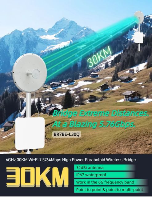 30KM Long Distance WiFi7 Wireless Access Bridge with 4 External Antennas Dual Band WDS Support Outdoor Industrial Use