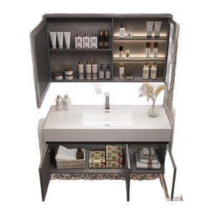 Seamless Integrated Ceramic Slab Bathroom <b>Vanity</b> Grey Rectangular Minimalist Style Illuminated <b>Led</b> Mirror - Product Image 5