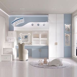 Ensemble de meubles de chambre d'enfant adorable avec décoration d'ours, lit superposé en forme de bateau, bureau intégré, armoire spacieuse pour un confort et un divertissement agréables - Product Image 5
