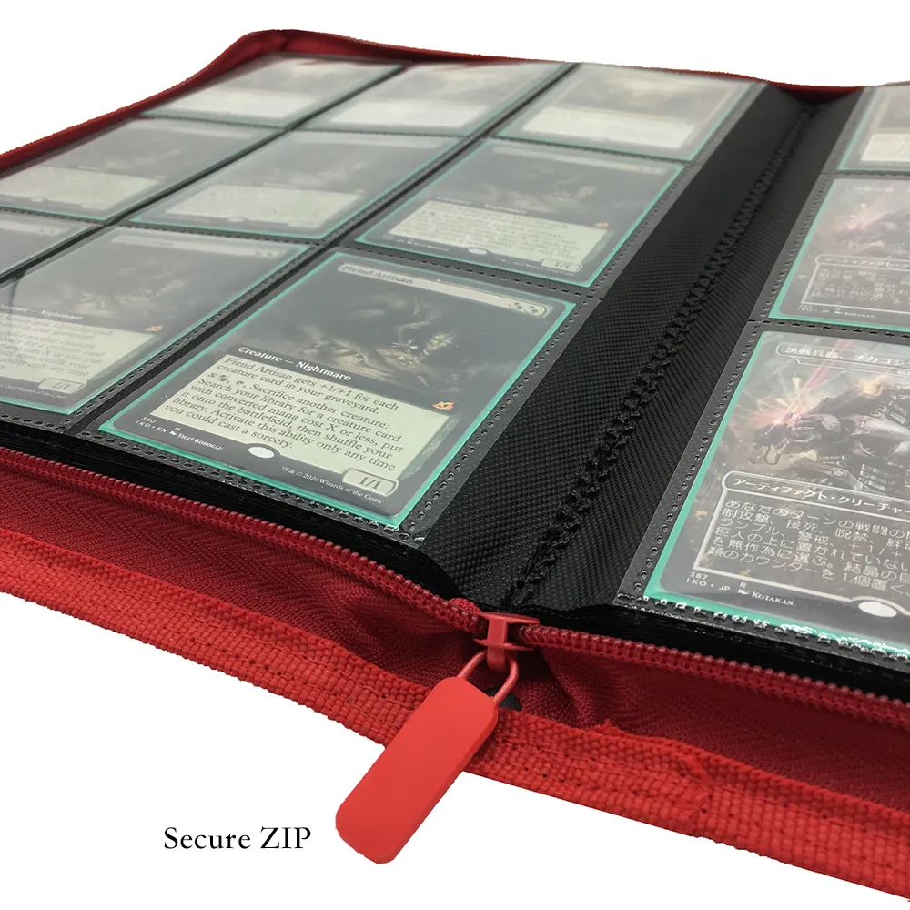 कस्टम पु पोर्टफोलियो A4 आकार 9 जेब फोटो खेल ट्रेडिंग कार्ड सेवर ज़िप भंडारण कलेक्टर धारक बांधने की मशीन जिपर फ़ाइल फ़ोल्डर