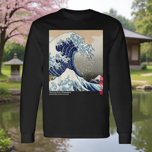 Camiseta de manga larga con estampado de la gran ola de Kanagawa, pintura de olas japonesas - Product Image 3