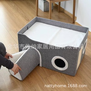 Maison pour chat à double étage avec plusieurs trous, griffoir en sisal, lit pliable pour chat, utilisable en toutes saisons - Product Image 5