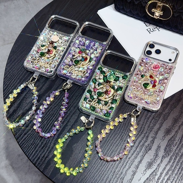 Luxury Glitter Diamond case Flower Phone Case for iPhone 17 16 15 Pro Max Free Shipping in Stock with Chain Mobile Accessories