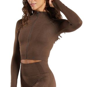 T-shirt à manches longues avec fermeture éclair, fabricant en gros, t-shirt de yoga, fitness, couleur unie, débardeur de yoga pour femmes - Product Image 1