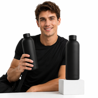 Bouteille d'eau sport en acier inoxydable à double paroi, isotherme, gourde portable avec couvercle noir mat en caoutchouc pour activités de plein air, gym et voyage