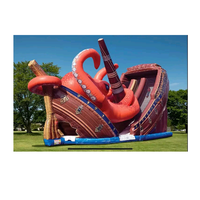 Château gonflable géant en toile PVC avec toboggan sec, bateau privé et jeu de poulpe rouge sur terre