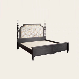 Cama de Madera Maciza Estilo Campestre Francés con Cuatro Postes, Tapicería Floral, Camas King Size Personalizadas - Product Image 6