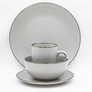 Creative four tableware pieces with Monochromatic underglaze printing on stoneware ceramics.