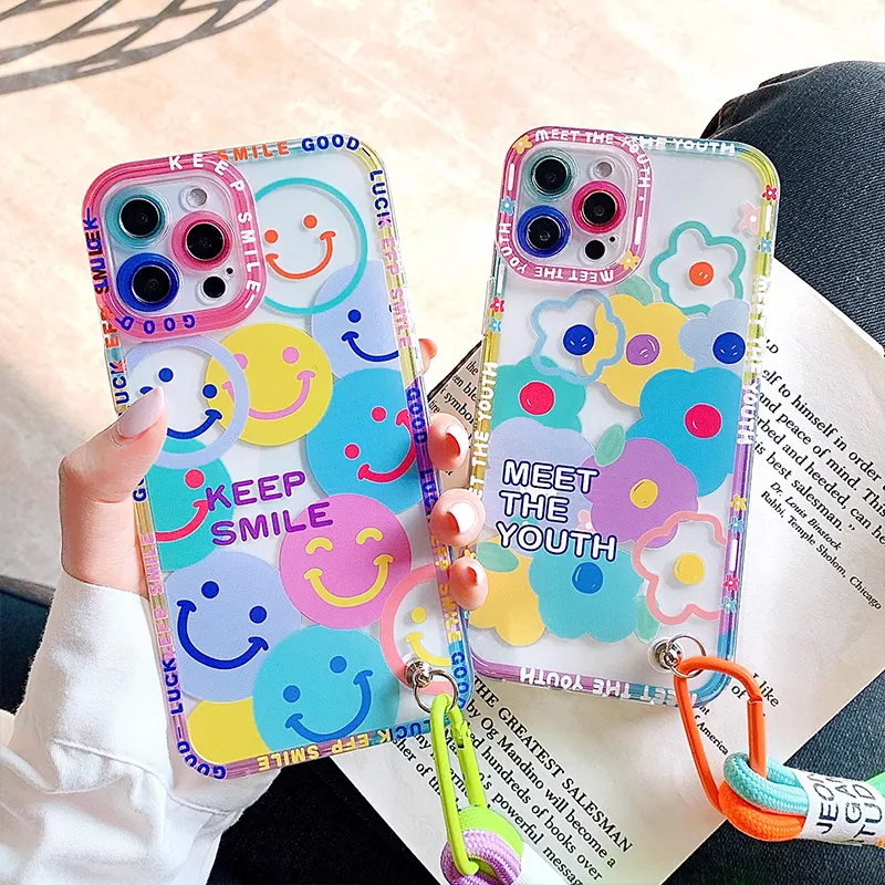 Clear Graffiti Mobile Cute Flower Smile Phone Case Luxury Nylon Hand Lanyard Phone Case With Chain For Iphone 13/12/11 Pro Max